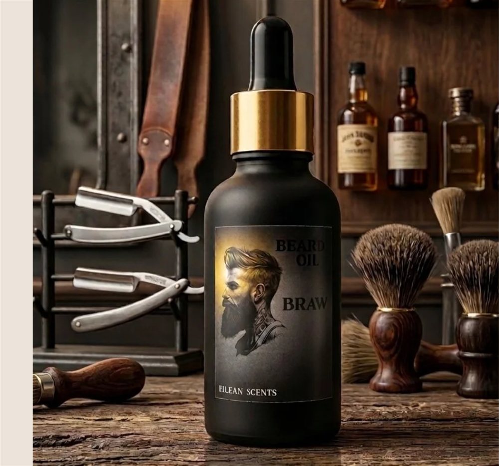 A bottle of Eilean Scents beard oil on a workbench